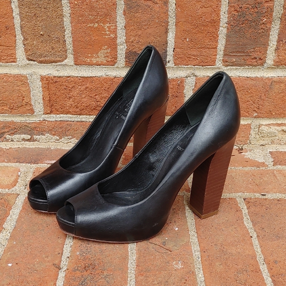Tory Burch Cantrelle All Leather Black Peep Toe Pump Size 5